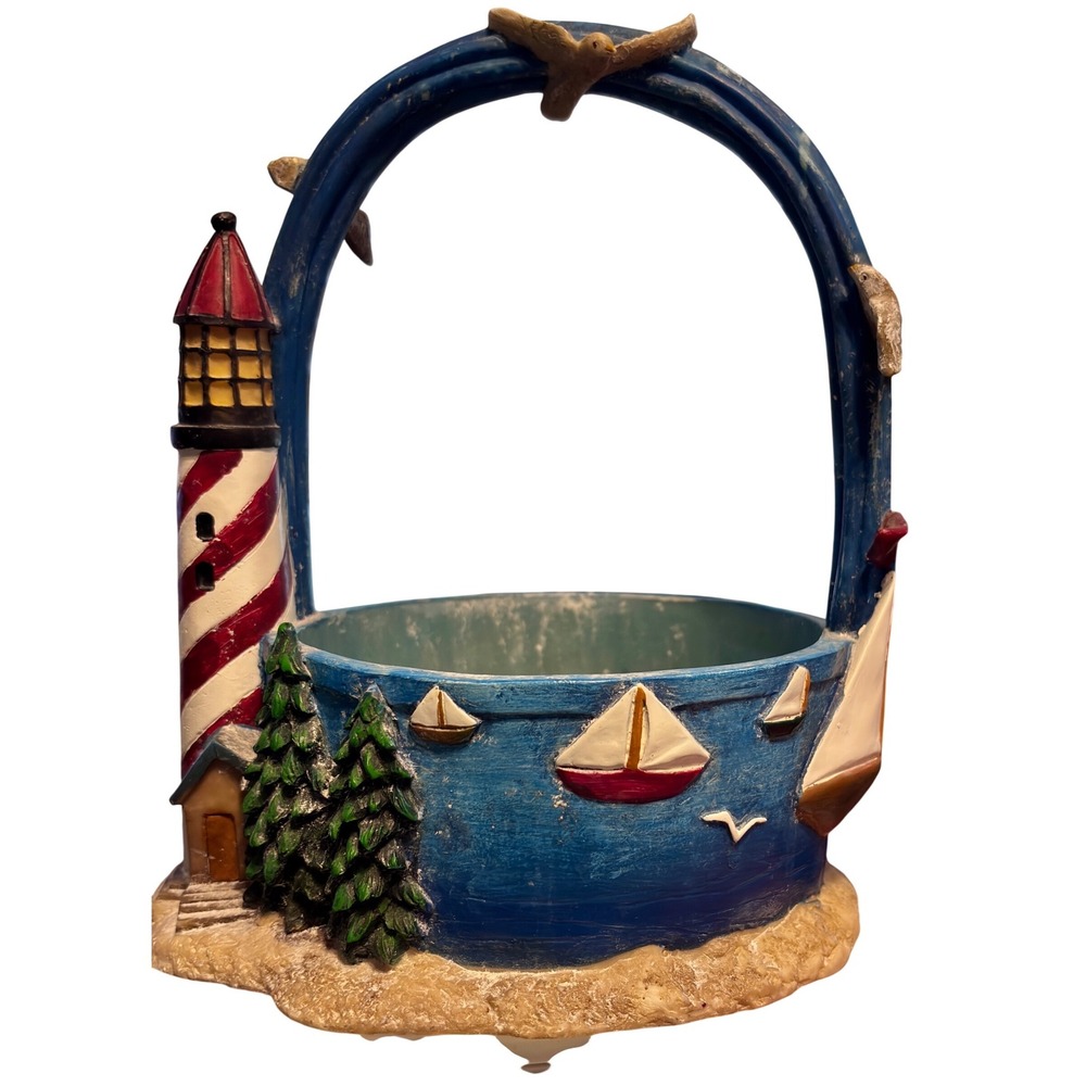 One of a Kind Nautical Decorative‎ Basket Small Blue Lighthouse Sailboat Resin - Picture 2 of 5